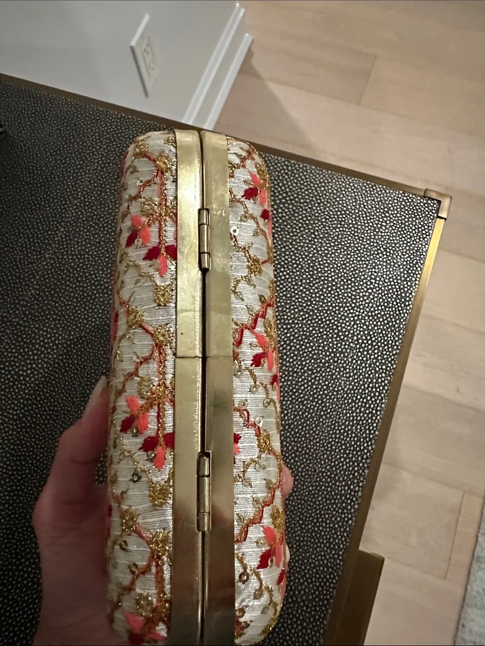 Embroidered Floral White and Gold Evening Clutch